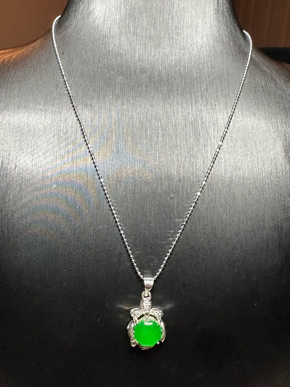 Silver Necklace with Bright Green Gemstone Pendant - 18k gp